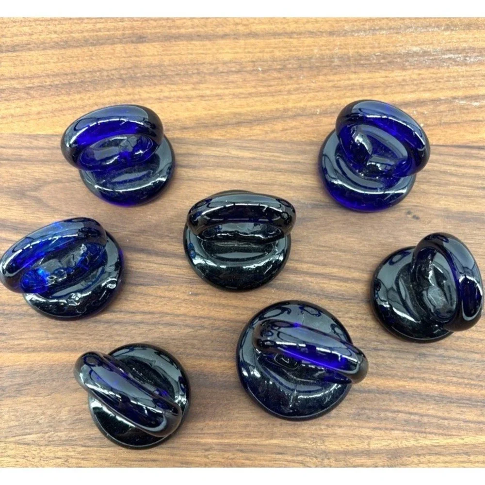 Hand Blown Cobalt Blue Art Glass Napkin Rings Set of 7 Modern Sculptural Artisan